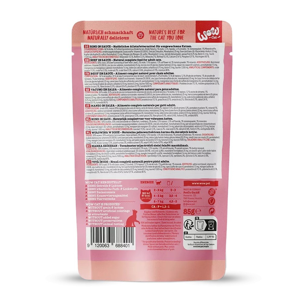 WOW Cat Adult Manzo in Salsa 85g - Umido Naturale Grain Free per Gatti