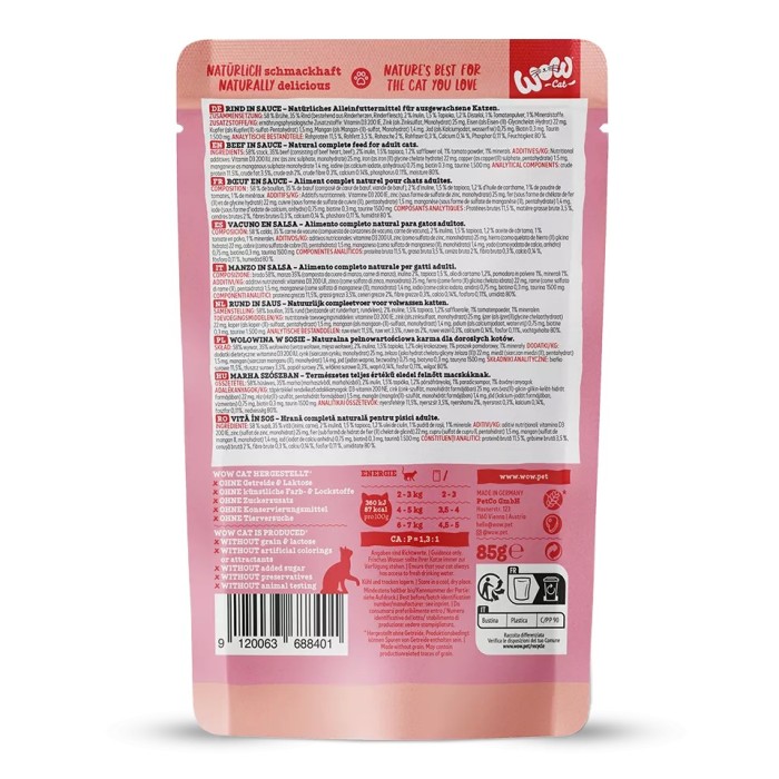 WOW Cat Adult Manzo in Salsa 85g - Umido Naturale Grain Free per Gatti