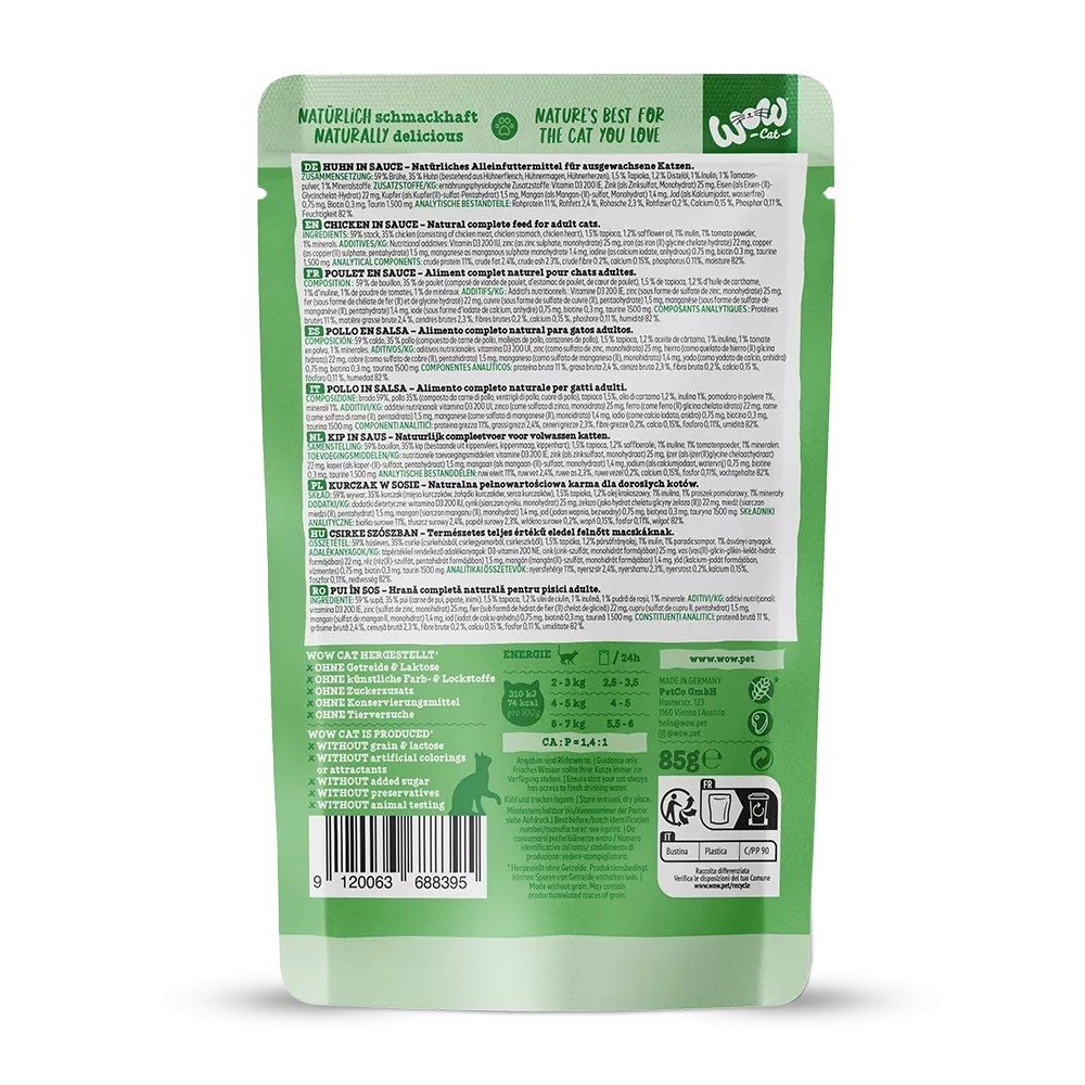 WOW Cat Adult Pollo in Salsa 85g - Umido Grain Free Naturale per Gatti