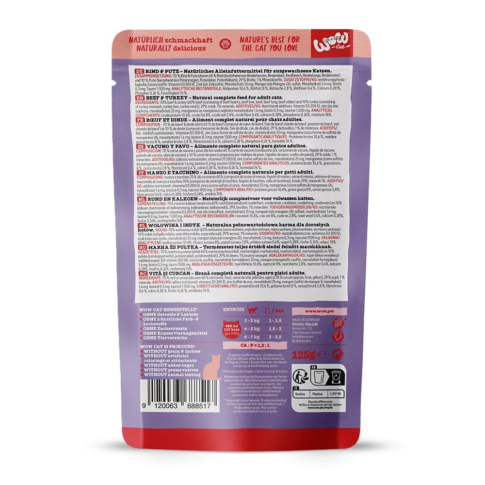WOW Cat ADULT Patè Manzo e Tacchino 125g - Umido completo per gatti adulti