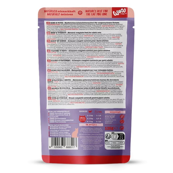WOW Cat ADULT Patè Manzo e Tacchino 125g - Umido completo per gatti adulti