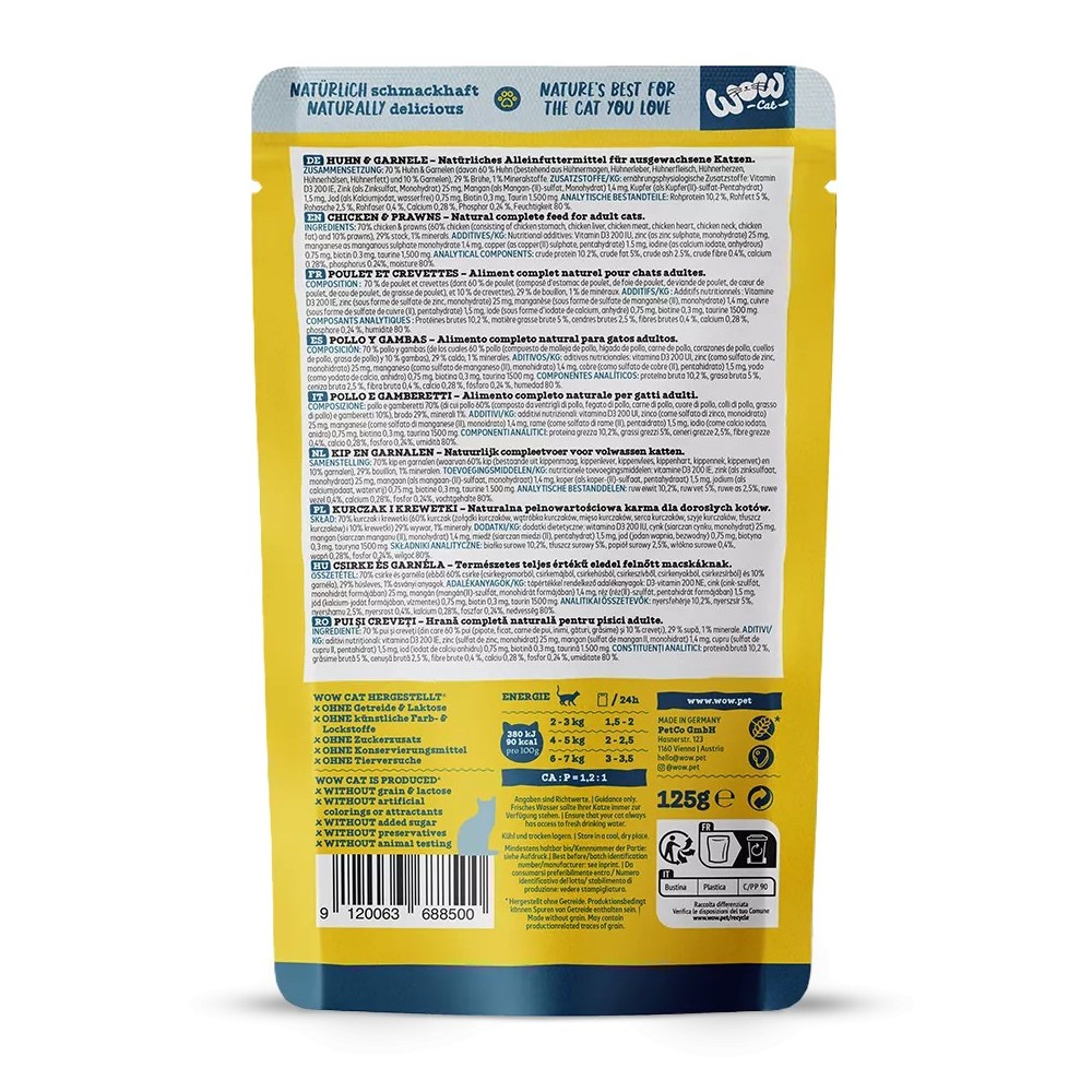 WOW Cat Patè Pollo e Gamberi 125g - Umido naturale per gatti adulti