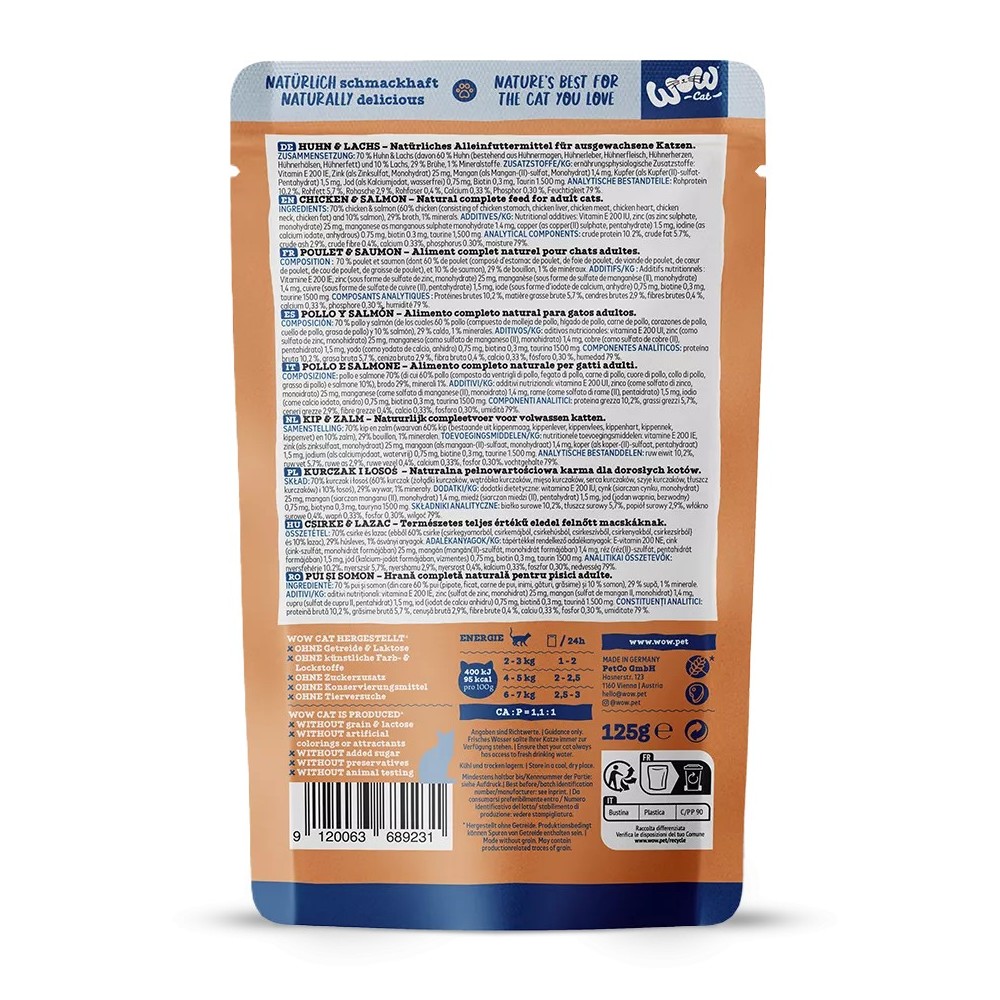 WOW Cat Patè Pollo e Salmone 125g - Alimento umido naturale per gatti