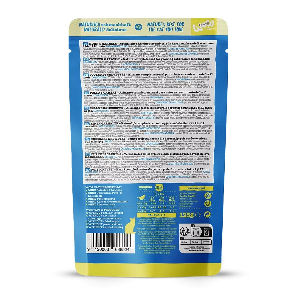 WOW Cat JUNIOR Patè Pollo e Gamberi 125g - Umido naturale per gattini
