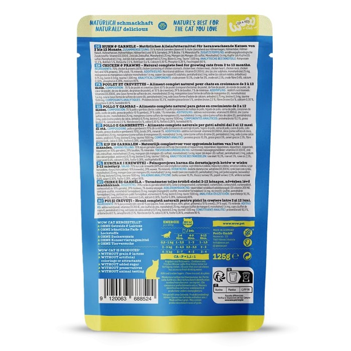 WOW Cat JUNIOR Patè Pollo e Gamberi 125g - Umido naturale per gattini