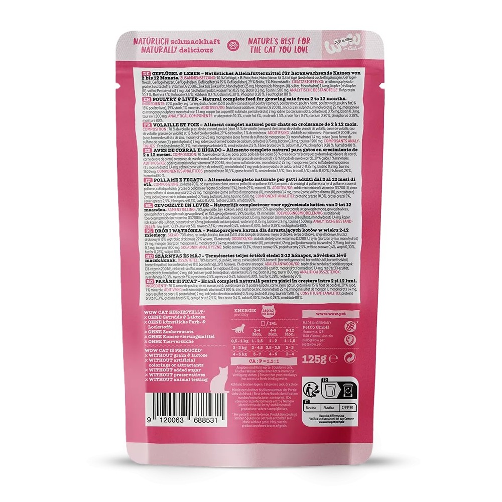 WOW Cat JUNIOR Patè Pollame e Fegato 125g - Umido per gattini in crescita