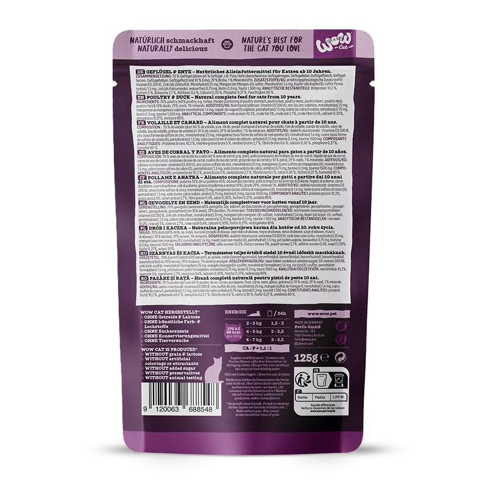 WOW Cat SENIOR Patè Pollame e Anatre 125g - Umido naturale per gatti anziani