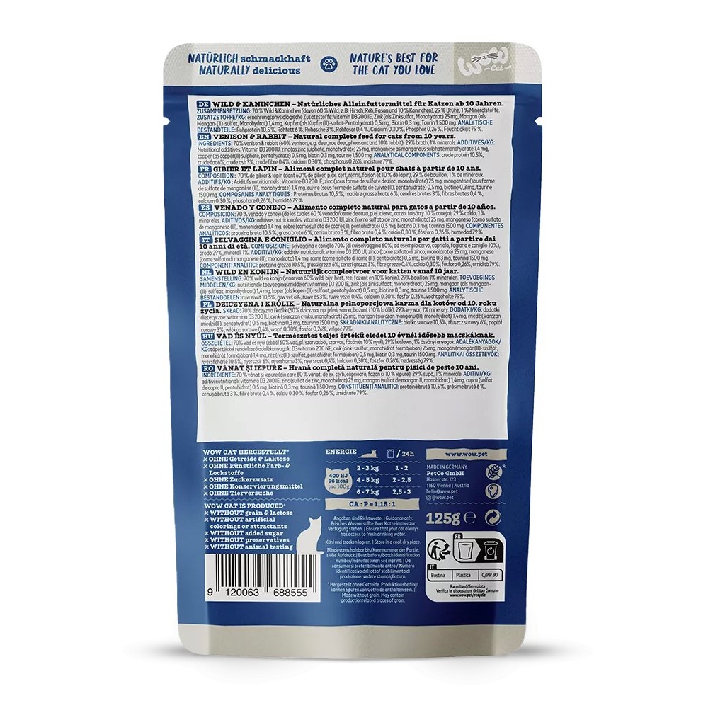 WOW Cat Patè Selvaggina e Coniglio 125g – Umido Grain Free per Gatti Adulti
