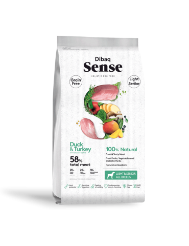 Dibaq Sense Grain Free Duck & Turkey Light & Senior 12kg – Crocchette senza cereali per cani anziani e sovrappeso