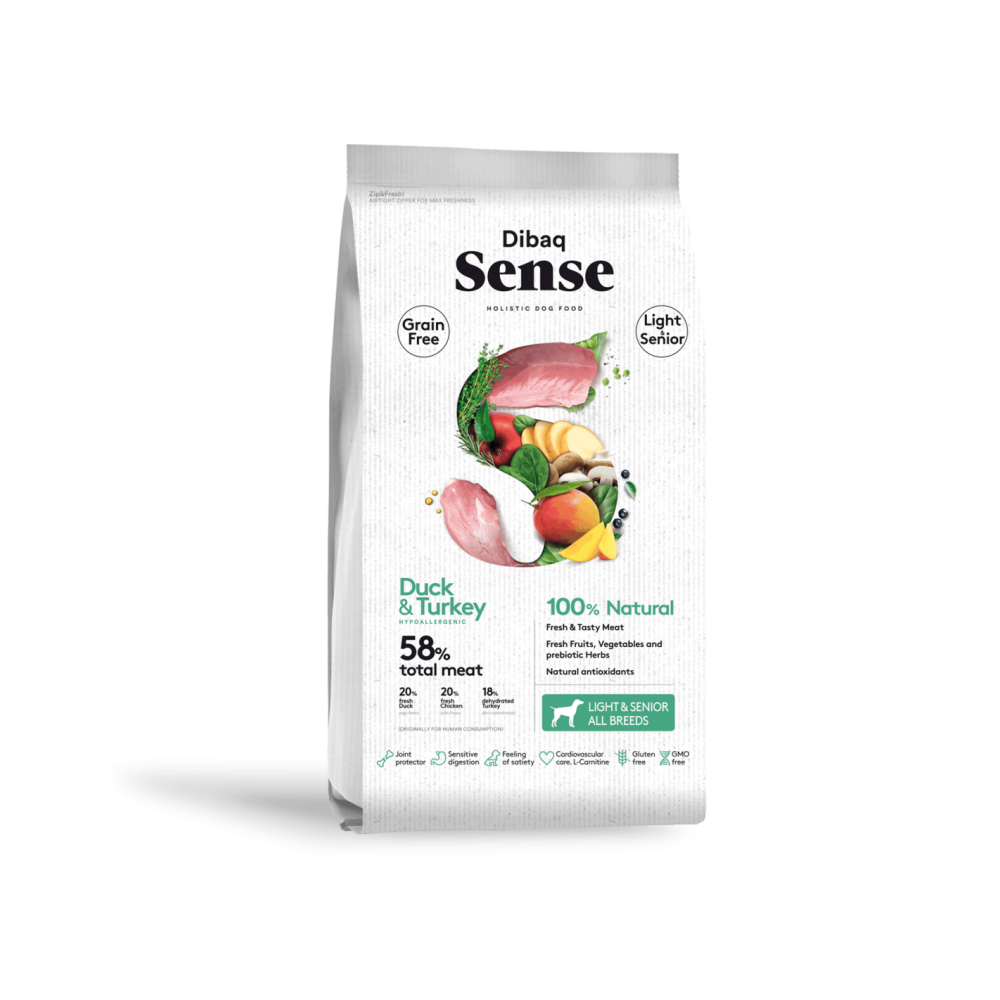 Dibaq Sense Grain Free Duck & Turkey Light & Senior 12kg – Crocchette senza cereali per cani anziani e sovrappeso