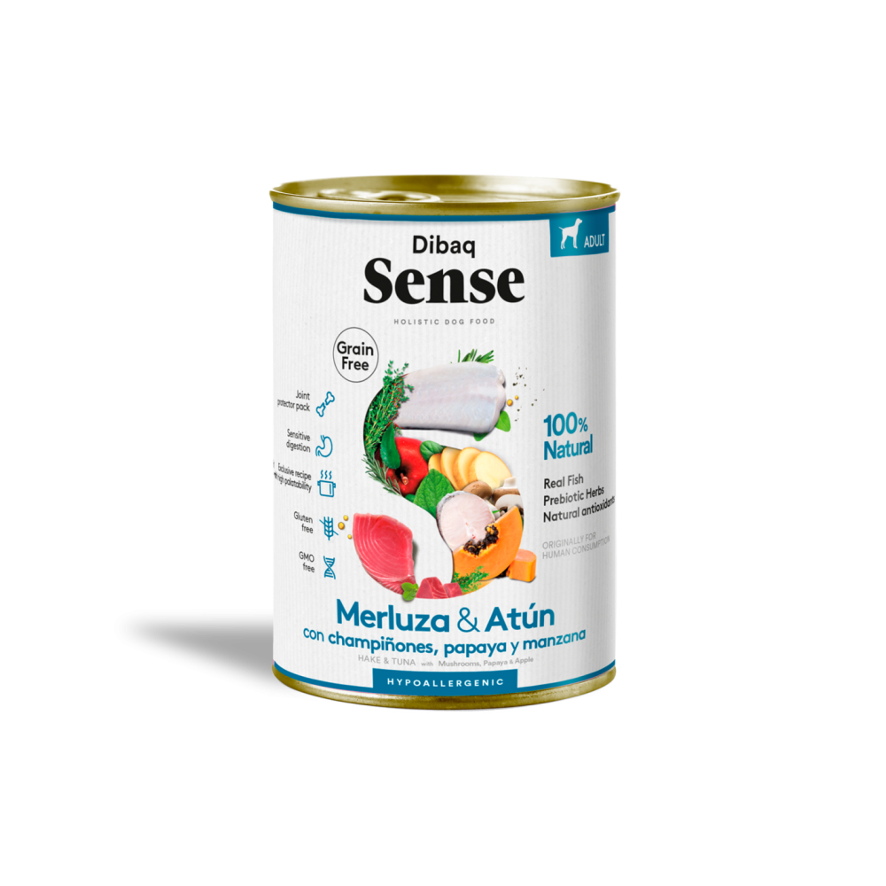 Dibaq Sense Wet Grain Free Hake & Tuna 380g – Umido senza cereali con nasello e tonno fresco.