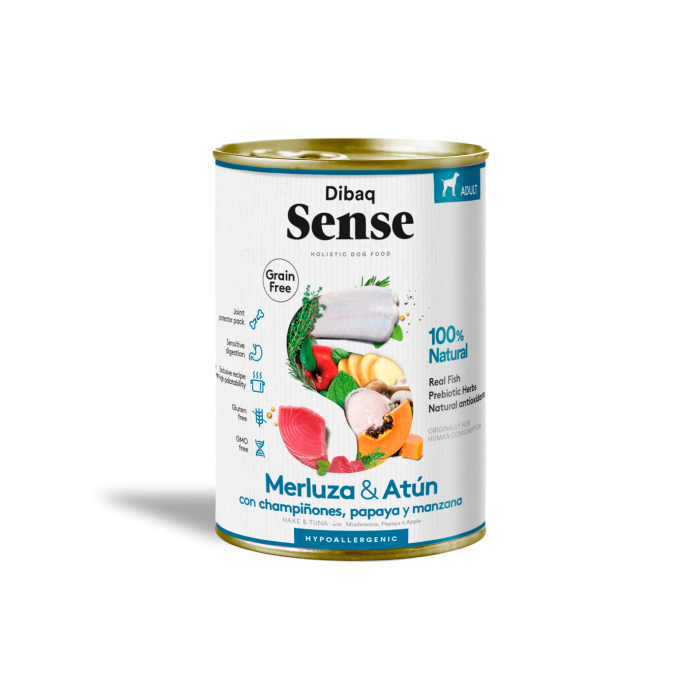 Dibaq Sense Wet Grain Free Hake & Tuna 380g – Umido senza cereali con nasello e tonno fresco.