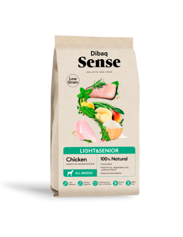 Dibaq Sense Low Grain Light & Senior Pollo 12kg – Crocchette Naturali per Cani Anziani o in Sovrappeso