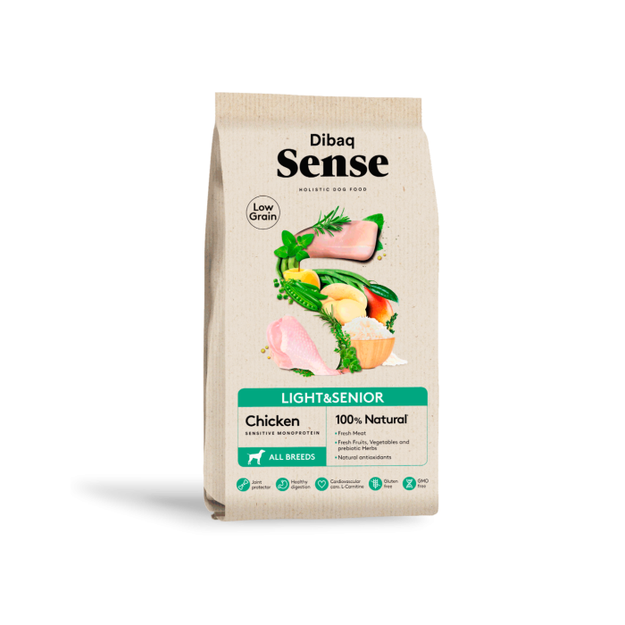Dibaq Sense Low Grain Light & Senior Pollo 12kg – Crocchette Naturali per Cani Anziani o in Sovrappeso