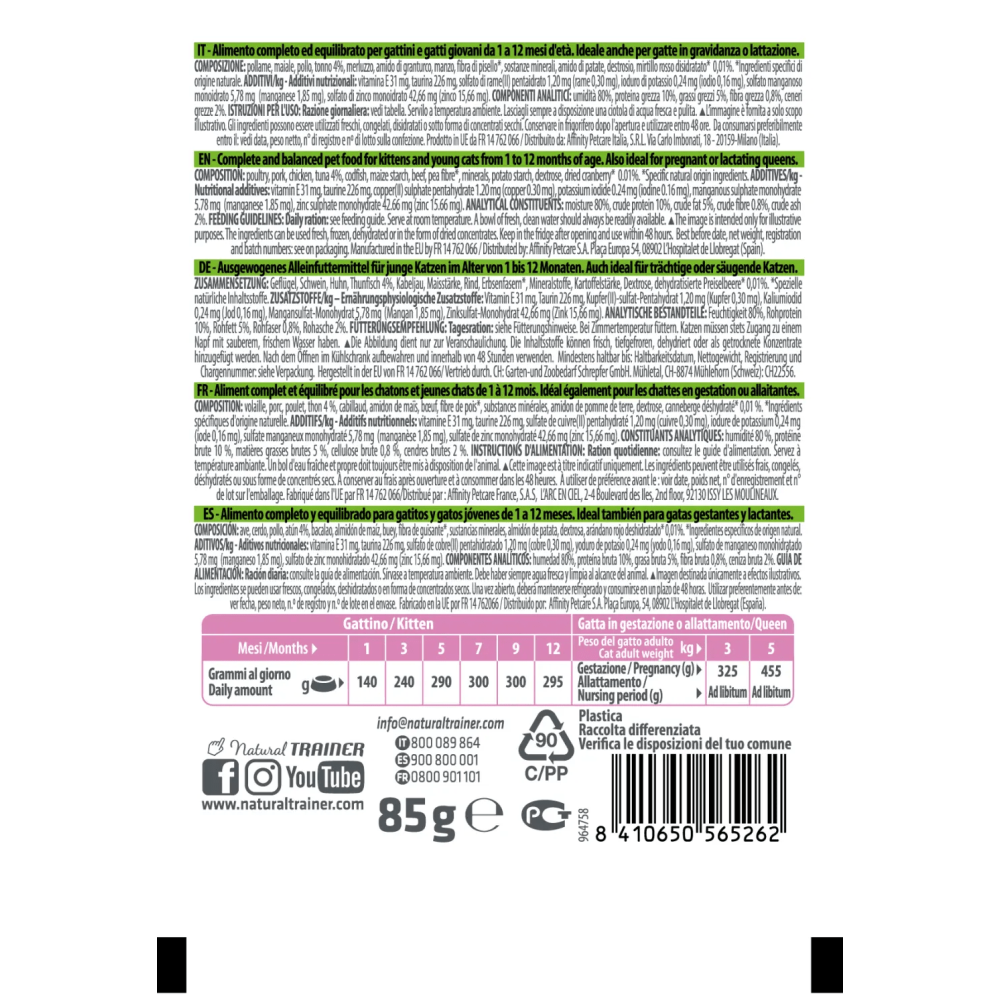 Bustine Gatto Natural Trainer Kitten Tonno 85 g