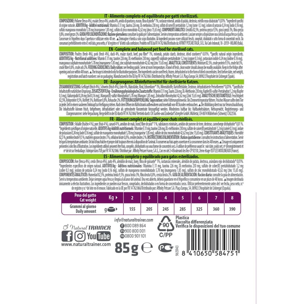 Bustine Gatto Natural Trainer Sterilised Anatra 85 g