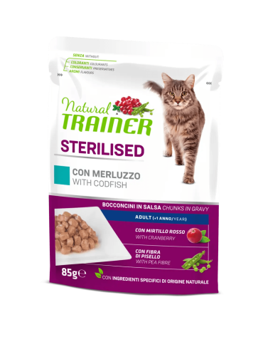 Bustine Gatto Natural Trainer Sterilised Merluzzo 85 g