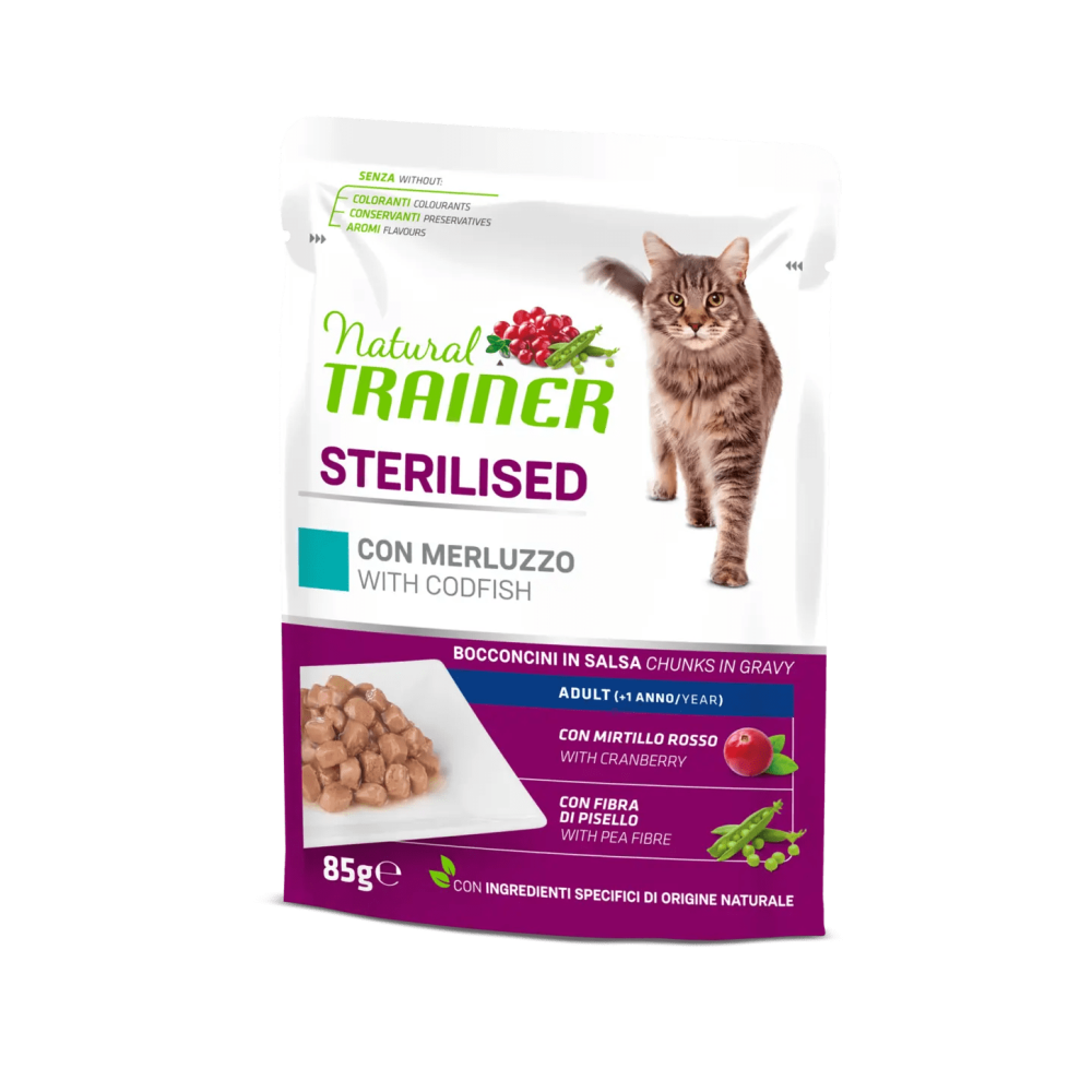 Bustine Gatto Natural Trainer Sterilised Merluzzo 85 g