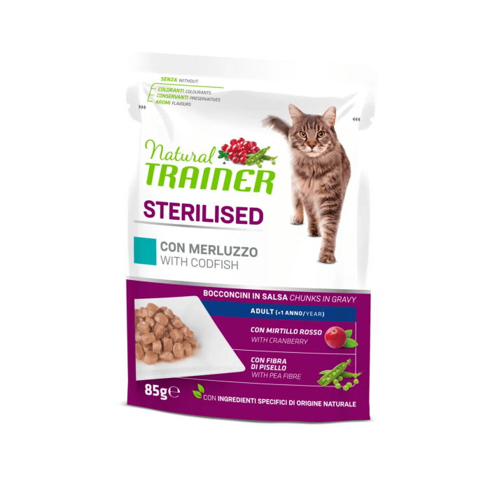 Bustine Gatto Natural Trainer Sterilised Merluzzo 85 g