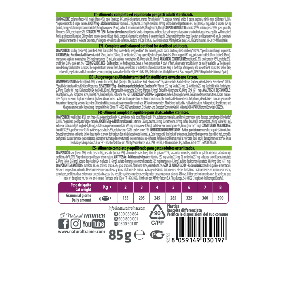 Bustine Gatto Natural Trainer Sterilised Merluzzo 85 g