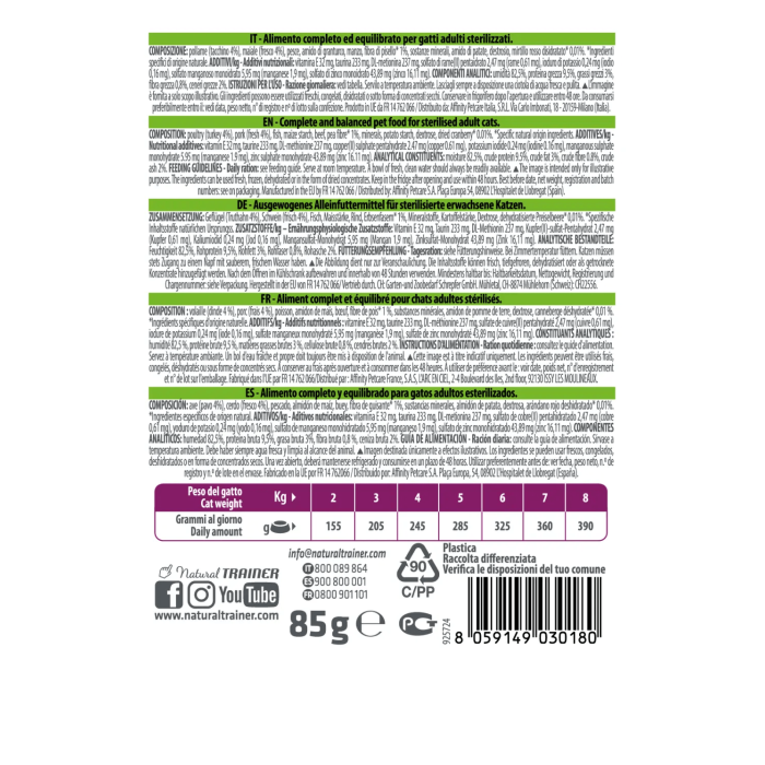 Bustine Gatto Natural Trainer Sterilised Tacchino 85 g