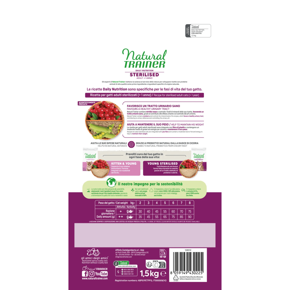 Crocchette Gatto Natural Trainer Sterilised Anatra Monoprotein 1,5 kg