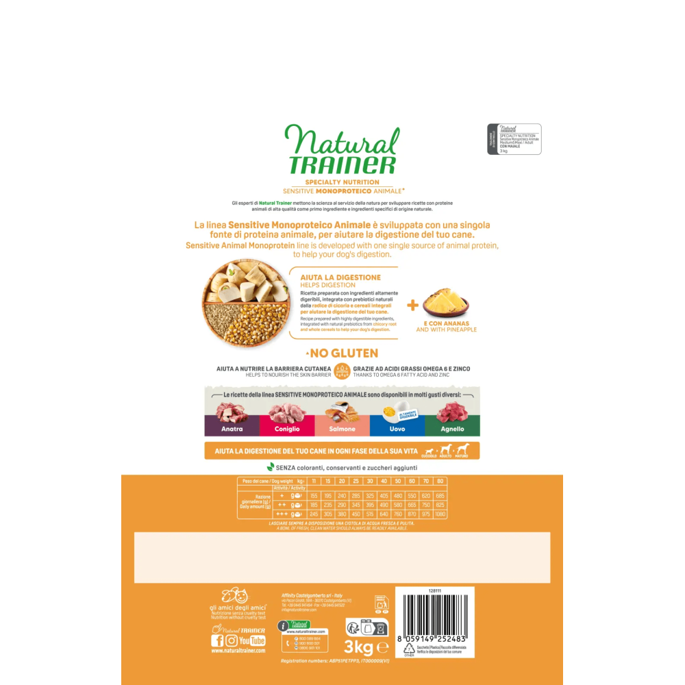 Crocchette Cane Natural Trainer Sensitive No Gluten Medium/Maxi Adult Maiale 3 kg