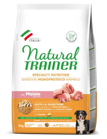 Crocchette Cane Natural Trainer Sensitive No Gluten Medium/Maxi Adult Maiale 3 kg