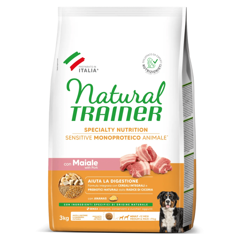 Crocchette Cane Natural Trainer Sensitive No Gluten Medium/Maxi Adult Maiale 3 kg