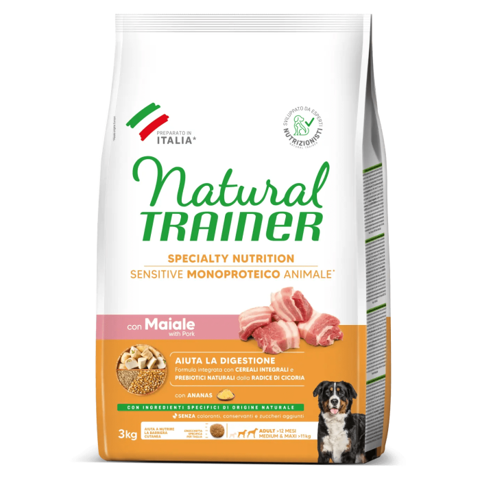 Crocchette Cane Natural Trainer Sensitive No Gluten Medium/Maxi Adult Maiale 3 kg